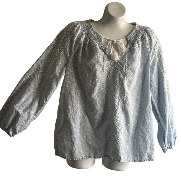 Joie Tops - Joie Light Blue Blouse with White Embroidery Linen Cotton Blend